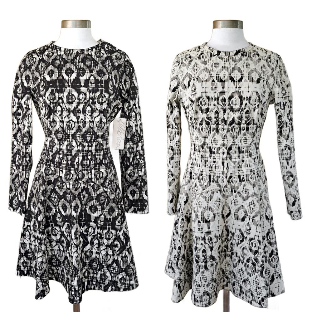 NEW LEILA ROSE Long Sleeve Reversible Seamed Fit & Flare Dress Sz 10 Black Ivory